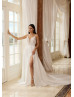 Beaded Ivory Lace Tulle Low Open Back Slit Wedding Dress